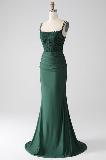 Dark Green Mermaid Spaghetti Straps Long Corset Formal Dress