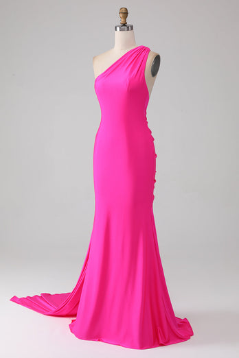 Mermaid Hot Pink One Shoulder Long Formal Dress