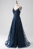 A-Line Dark Navy Spaghetti Straps Long Formal Dress with Slit