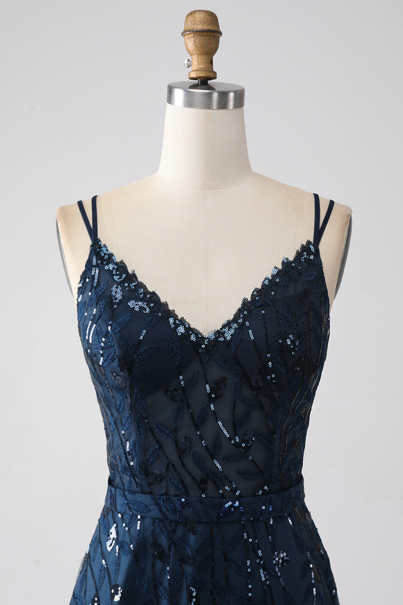 Load image into Gallery viewer, A-Line Dark Navy Spaghetti Straps Long Formal Dress with Slit