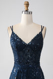 A-Line Dark Navy Spaghetti Straps Long Formal Dress with Slit