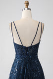 A-Line Dark Navy Spaghetti Straps Long Formal Dress with Slit
