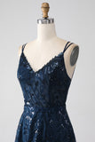 A-Line Dark Navy Spaghetti Straps Long Formal Dress with Slit