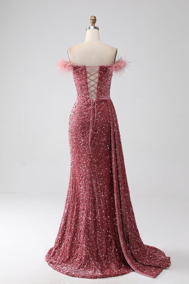 Load image into Gallery viewer, Mermaid Off the Shoulder Blush Sequins Formal Dress with Slit