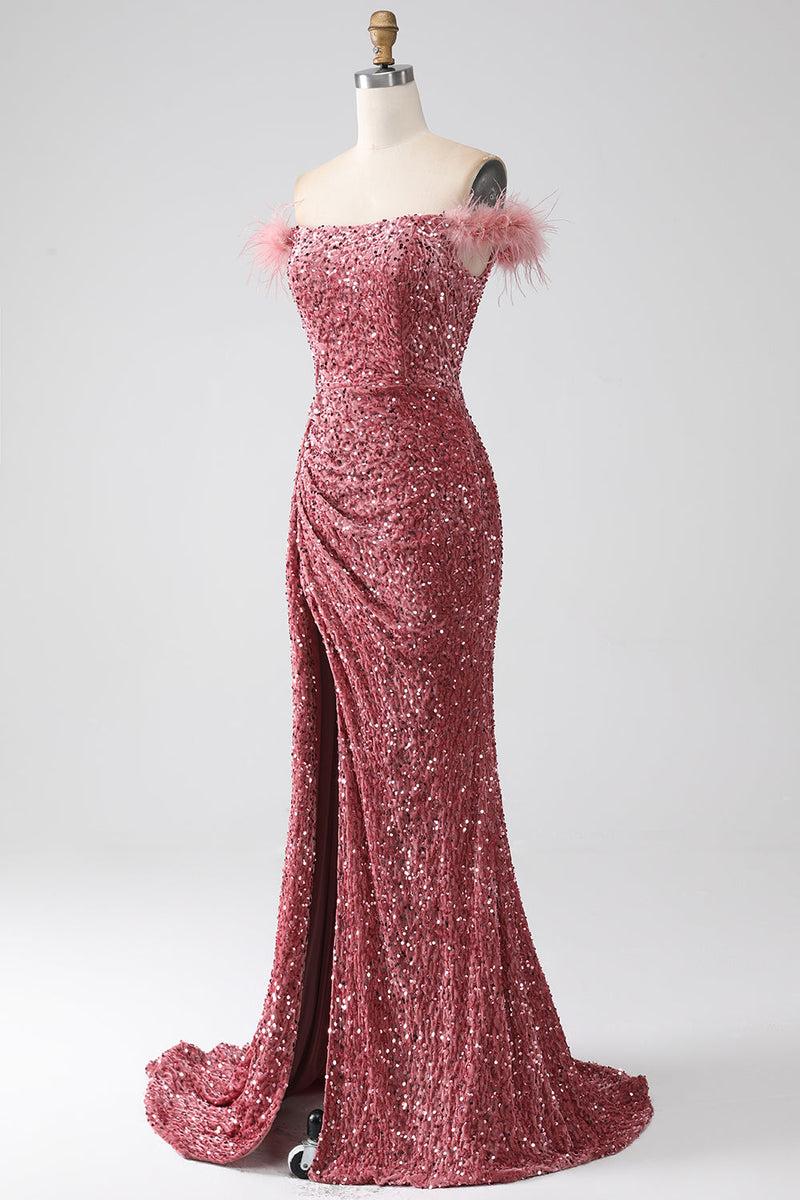 Load image into Gallery viewer, Mermaid Off the Shoulder Blush Sequins Formal Dress with Slit