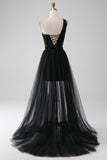 A-Line Black One Shoulder Sequins Formal Dress