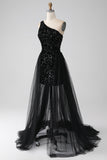 A-Line Black One Shoulder Sequins Formal Dress