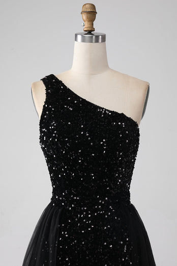 A-Line Black One Shoulder Sequins Formal Dress
