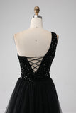 A-Line Black One Shoulder Sequins Formal Dress