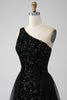 Load image into Gallery viewer, A-Line Black One Shoulder Sequins Formal Dress