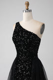 A-Line Black One Shoulder Sequins Formal Dress