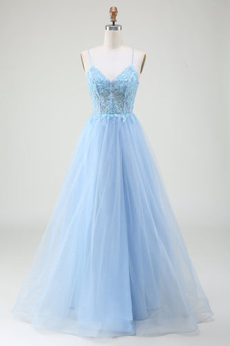 Light Blue Corset Formal Dress with Beading
