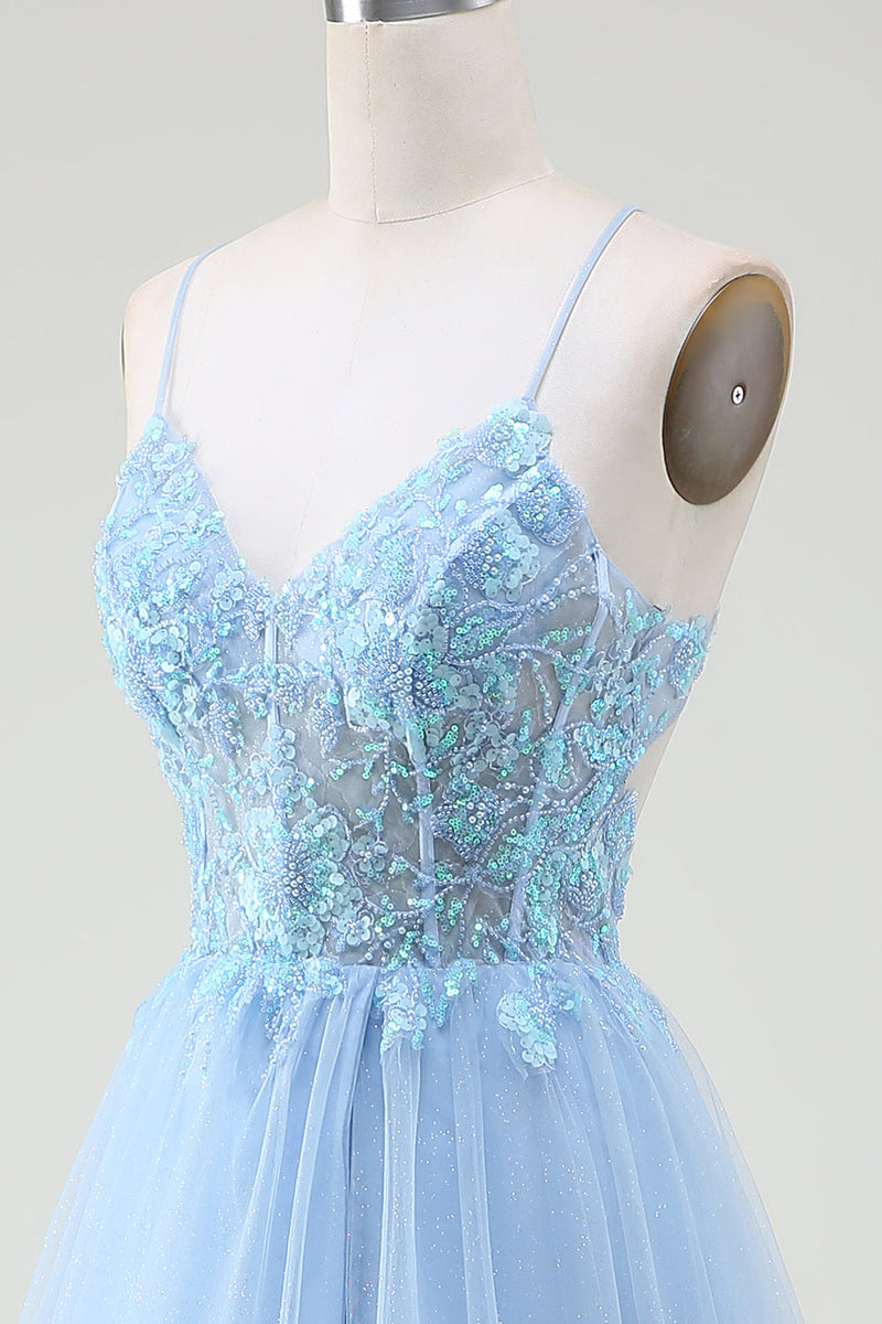 Load image into Gallery viewer, Light Blue Corset Formal Dress with Beading
