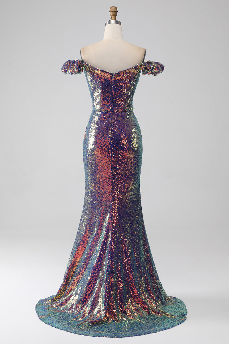 Load image into Gallery viewer, Sparkly Mermaid Off The Shoulder Purple Formal Dress with Slit