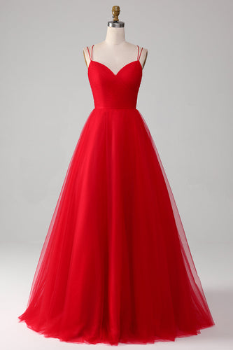 Red Tulle Spaghetti Straps A-Line Lace-Up Back Formal Dress