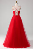 Red Tulle Spaghetti Straps A-Line Lace-Up Back Formal Dress