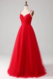 Red Tulle Spaghetti Straps A-Line Lace-Up Back Formal Dress