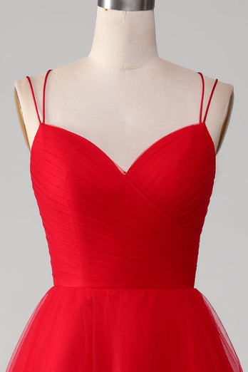 Red Tulle Spaghetti Straps A-Line Lace-Up Back Formal Dress