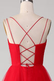 Red Tulle Spaghetti Straps A-Line Lace-Up Back Formal Dress