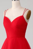 Red Tulle Spaghetti Straps A-Line Lace-Up Back Formal Dress