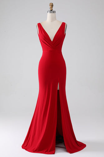 Mermaid V-Neck Red Formal Dress with Slit
