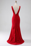 Mermaid V-Neck Red Formal Dress with Slit