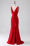 Mermaid V-Neck Red Formal Dress with Slit