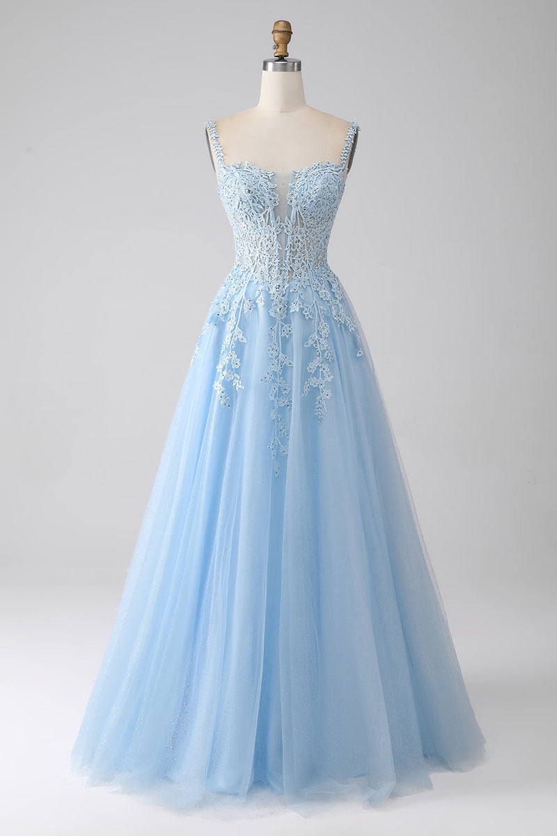 Load image into Gallery viewer, A-Line Light Blue Corset Formal Dress with Appliques