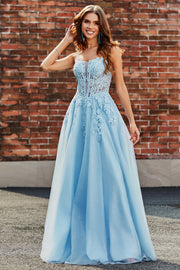 Gorgeous A Line Spaghetti Straps Light Blue Corset Formal Dress with Appliques