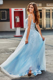 Gorgeous A Line Spaghetti Straps Light Blue Corset Formal Dress with Appliques