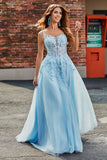 Gorgeous A Line Spaghetti Straps Light Blue Corset Formal Dress with Appliques