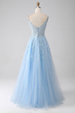 A-Line Light Blue Corset Formal Dress with Appliques