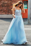 Gorgeous A Line Spaghetti Straps Light Blue Corset Formal Dress with Appliques