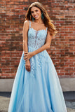 Gorgeous A Line Spaghetti Straps Light Blue Corset Formal Dress with Appliques