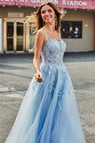 Gorgeous A Line Spaghetti Straps Light Blue Corset Formal Dress with Appliques