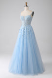 A-Line Light Blue Corset Formal Dress with Appliques