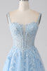 Load image into Gallery viewer, A-Line Light Blue Corset Formal Dress with Appliques