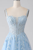 A-Line Light Blue Corset Formal Dress with Appliques