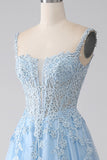 A-Line Light Blue Corset Formal Dress with Appliques