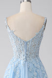 A-Line Light Blue Corset Formal Dress with Appliques