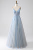 Load image into Gallery viewer, A-Line Spaghetti Straps Grey Blue Formal Dress with Beading