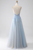 A-Line Spaghetti Straps Grey Blue Formal Dress with Beading