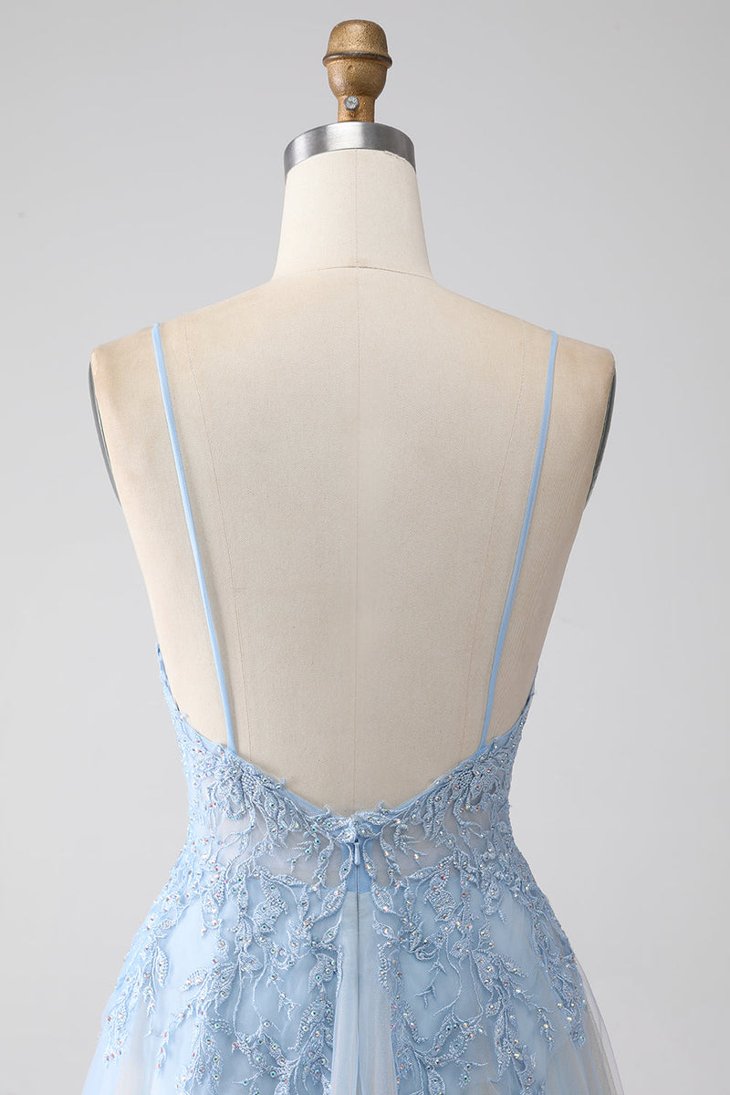 Load image into Gallery viewer, A-Line Spaghetti Straps Grey Blue Formal Dress with Beading