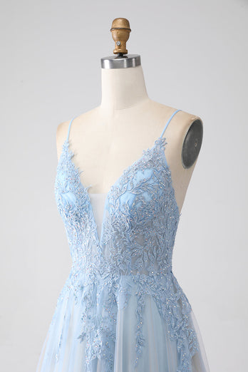 A-Line Spaghetti Straps Grey Blue Formal Dress with Beading