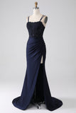 Mermaid Beaded Navy Formal Dress with Ruffles