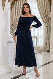 Navy Long Sleeves Formal Dress with Pearls