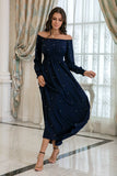 Navy Long Sleeves Formal Dress with Pearls