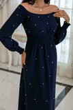 Navy Long Sleeves Formal Dress with Pearls