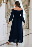Navy Long Sleeves Formal Dress with Pearls