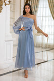 Blue One Shoulder Simple Formal Dress